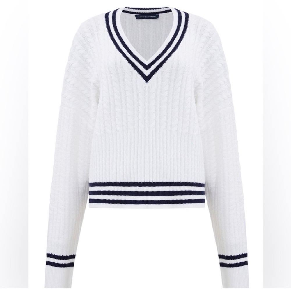 French Connection White and Navy V-Neck Sweater Size S.